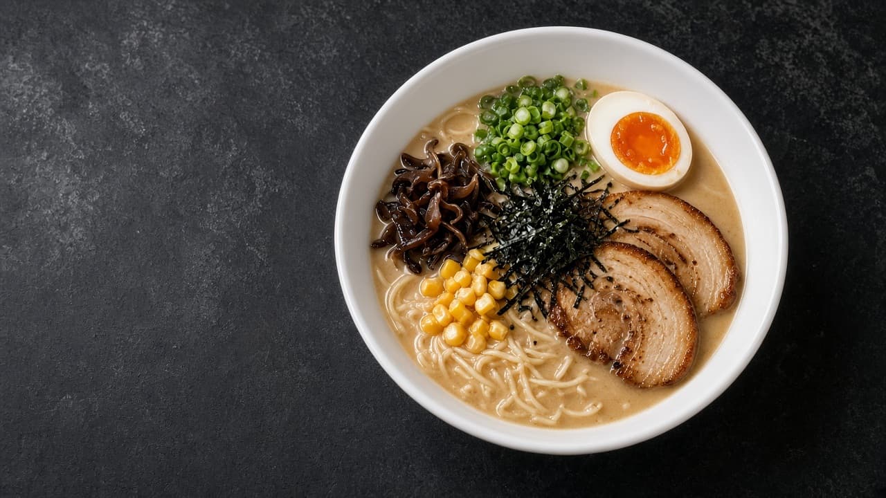 Ramen with corn, chashu, and green onion on a dark slate surface