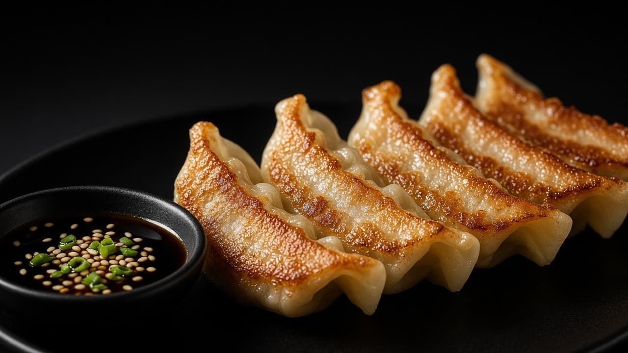 Pan-fried gyoza in a black cast-iron skillet