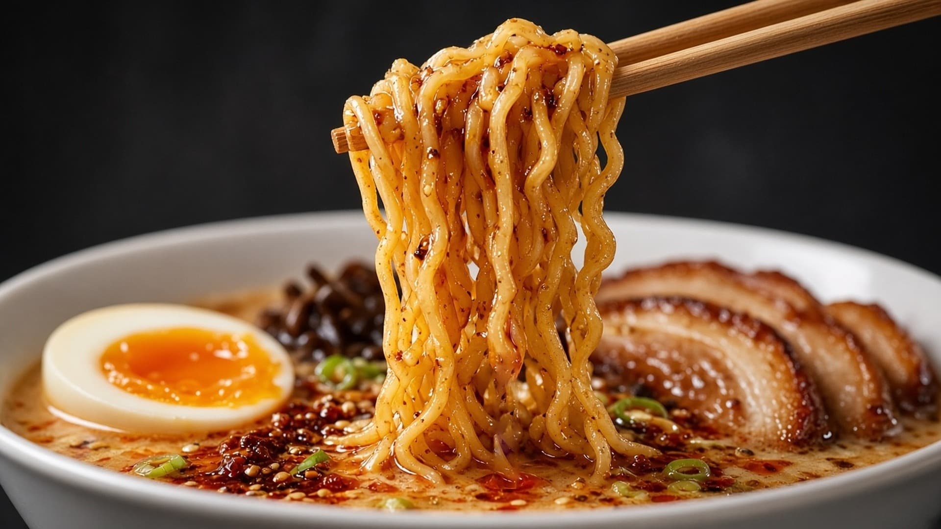 Hands lifting ramen noodles from a bowl of broth